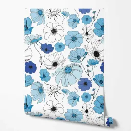 tapeta-na-sciane-niebieskie-kwiaty-kontury-biale-tlo-do-sypialni-pokoju