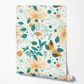 tapeta-na-sciane-zielone-pomaranczowe-liscie-biale-tlo-do-jadalni-kuchni