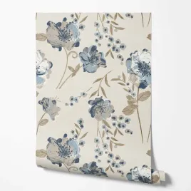 tapeta-na-sciane-niebieskie-kwiaty-bezowe-tlo-do-sypialni-przedpokoju