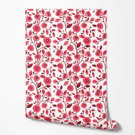 tapeta-na-sciane-czerwone-liscie-kwiatki-biale-tlo-do-kuchni-przedpokoju