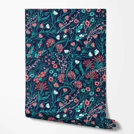 tapeta-na-sciane-rozowe-kwiatki-lodygi-granatowe-tlo-do-sypialni-salonu