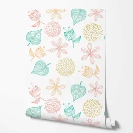 tapeta-na-sciane-czerwone-zielone-zolte-kwiatki-kontury-biale-tlo-do