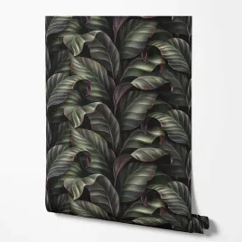 tapeta-na-sciane-zielone-liscie-fioletowe-kontury-do-jadalni-kuchni