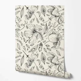 tapeta-na-sciane-czarne-kontury-lisci-kwiatow-linie-szlaczki-bezowe-tlo-do