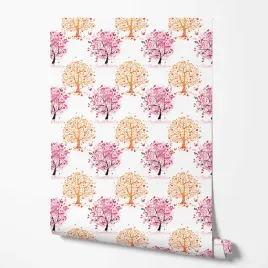 tapeta-na-sciane-rozowe-pomaranczowe-drzewka-biale-tlo-do-sypialni