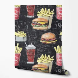 tapeta-na-sciane-fast-food-hamburger-frytki-czarne-tlo-do-restauracji-baru