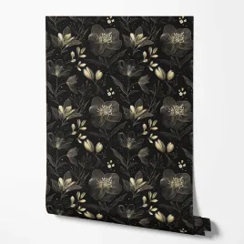 tapeta-na-sciane-floral-czarne-kwiaty-bezowe-linie-kropki-do-salonu