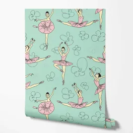tapeta-na-sciane-dzieciece-baletnica-kwiatki-zielone-tlo-do-pokoju-dziecka