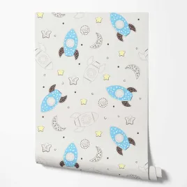 tapeta-na-sciane-dzieciece-rakiety-gwiazdy-bezowe-tlo-do-pokoju-dziecka