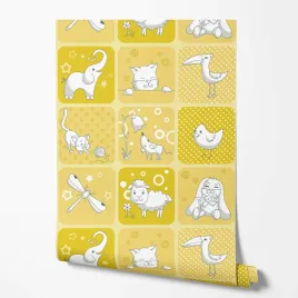 tapeta-na-sciane-dzieciece-zolte-kwadraty-biale-zwierzeta-do-pokoju-dziecka