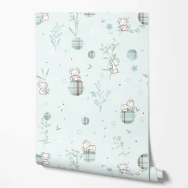 tapeta-na-sciane-dzieciece-biale-misie-liscie-niebieskie-tlo-pokoj-dziecka