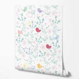 tapeta-na-sciane-kolorowe-ptaszki-liscie-kropki-biale-tlo-do-pokoju-dziecka