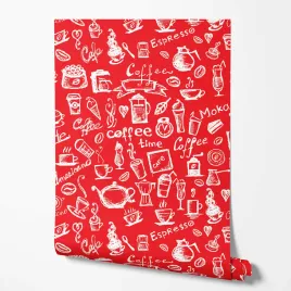 tapeta-na-sciane-motyw-kawowy-biale-napisy-czerwone-tlo-do-kuchni