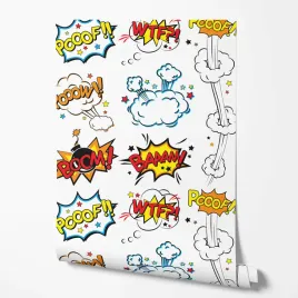 tapeta-na-sciane-kreskowka-dymki-napisy-efekty-biale-tlo-do-pokoju-dziecka