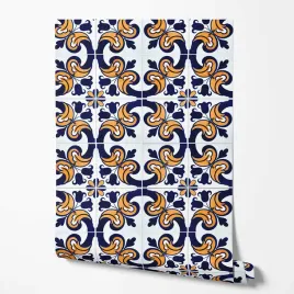 tapeta-na-sciane-kafelki-pomaranczowe-wzory-czarne-kwiaty-do-pokoju