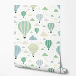 tapeta-na-sciane-zielone-niebieskie-kropki-balony-chmurki-do-pokoju-dziecka