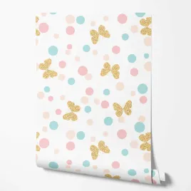 tapeta-na-sciane-zlote-motyle-kolorowe-kropki-biale-tlo-do-pokoju-dziecka