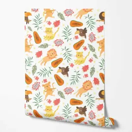 tapeta-na-sciane-liscie-zwierzeta-lew-owoce-ptaki-do-pokoju-dziecka