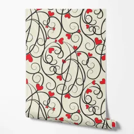 tapeta-na-sciane-czarne-linie-szlaki-czerwone-serduszka-do-sypialni-salonu