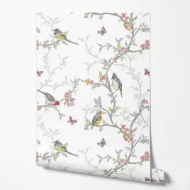 tapeta-na-sciane-ptaki-na-drzewie-biale-tlo-do-pokoju-dziecka