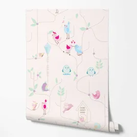 tapeta-na-sciane-zakochane-ptaszki-niebieskie-rozowe-do-pokoju-dziecka