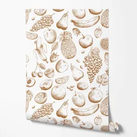 tapeta-na-sciane-owoce-ikony-jedzenie-brazowe-biale-tlo-do-jadalni-kuchni