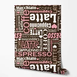 tapeta-na-sciane-kawa-biale-rozowe-napisy-brazowe-tlo-do-kuchni-jadalni