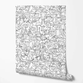 tapeta-na-sciane-kreskowkowi-ludzie-kontury-czarno-biale-do-sypialni