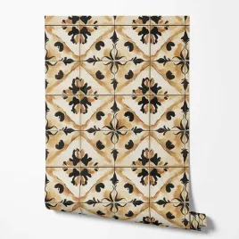 tapeta-na-sciane-imitacja-kafelki-ornamenty-czarne-zolte-do-kuchni-biura