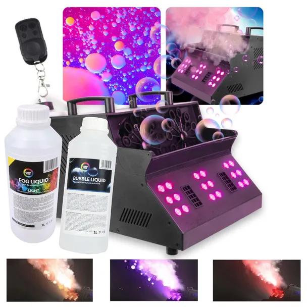 WYTWORNICA DYMU MGŁY I MASZYNA DO BANIEK LED RGB DMX PILOT PŁYNY 2L ZESTAW