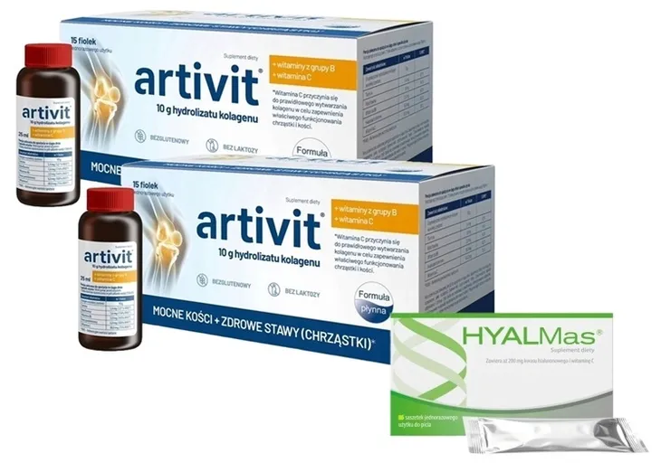 2x ARTIVIT Kolagen 10000 mg z witaminą C 15 fiolek x 25 ml + HYALMAS