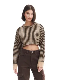 bezowo-czarny-sweter-z-dlugim-rekawem-cropp-m