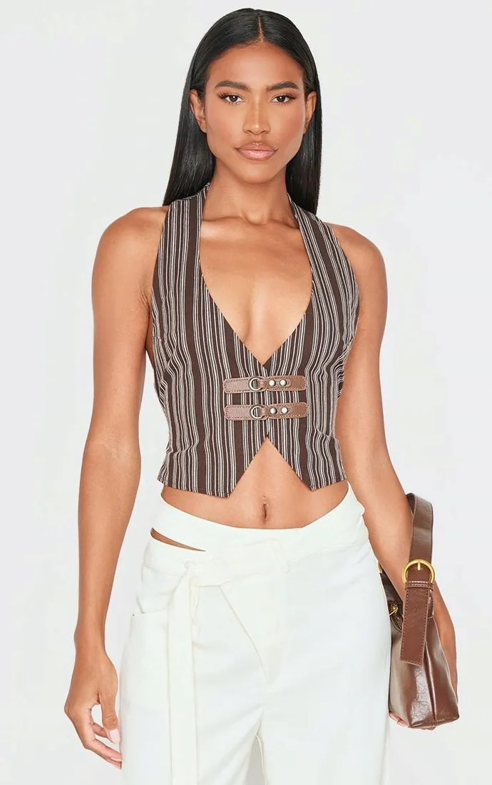brazowy-top-w-paski-prettylittlething-m-stan-nowy
