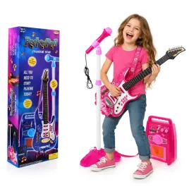 gitara-elektryczna-rozowa-z-mikrofonem-statywem-wzmacniaczem-rozowa