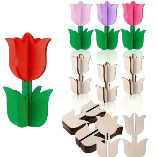 Drewniane Tulipany 3D 10 sztuk Dekoracje Wiosenne Wielkanocne Ozdoby DIY