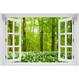 naklejka-fototapeta-3d-okno-kwiaty-w-lesie-90x60