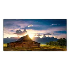 obraz-na-szkle-foto-stodola-zachod-slonca-100x50
