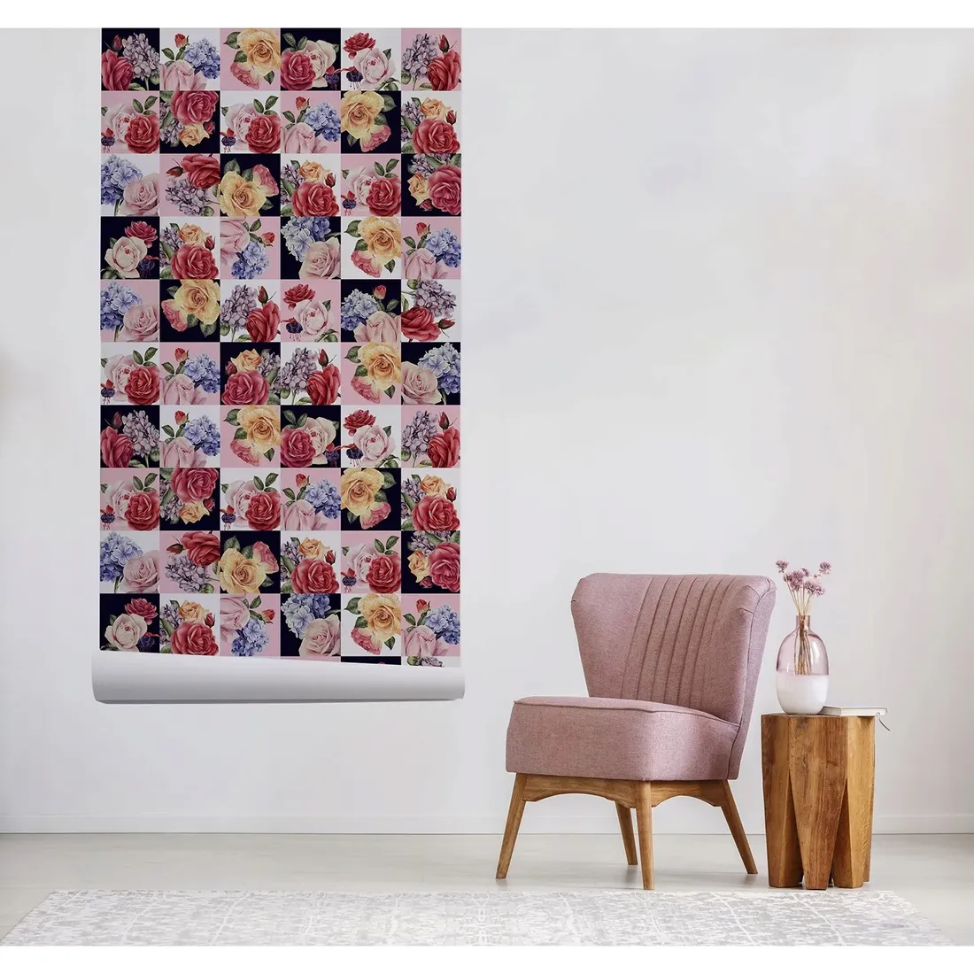 tapeta-scienna-kwiaty-patchwork-kolorowe-208x146cm