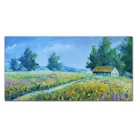 panel-szklo-wies-krajobraz-kwiaty-chata-100x50-cm
