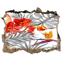 dziura-3d-fototapeta-naklejka-flamingi-i-kwiaty