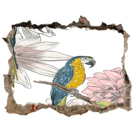 dziura-3d-fototapeta-naklejka-papugi-i-kwiaty