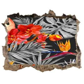 dziura-3d-fototapeta-naklejka-flamingi-i-kwiaty