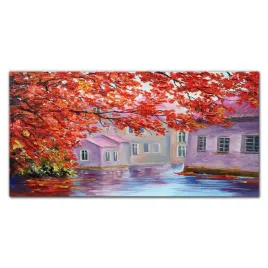 foto-obraz-szklany-malarstwo-drzewo-domy-120x60-cm