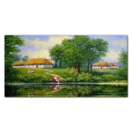 obraz-na-plotnie-wioska-wiesniacy-chaty-100x50-cm