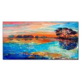obraz-do-salonu-woda-drzewa-zachod-slonca-120x60