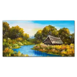 foto-obraz-szklany-las-rzeka-niebo-chata-120x60-cm