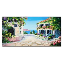 foto-obraz-szklany-santorini-morze-kwiaty-120x60