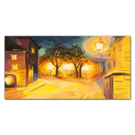 obraz-na-plotnie-miasto-lampy-noc-drzewa-100x50-cm