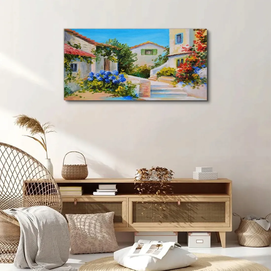obraz-scienny-na-plotnie-budynki-kwiaty-100x50-cm-stan-nowy