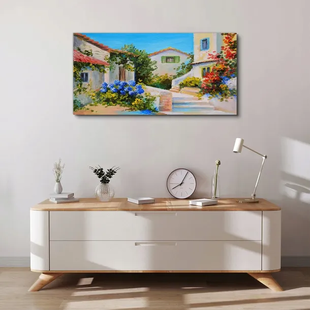 obraz-scienny-na-plotnie-budynki-kwiaty-100x50-cm-format-poziomy